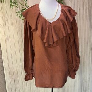 100% Silk Elegant Brown Ruffle Blouse, Carolina Colours Vintage 90’s, EUC. Small